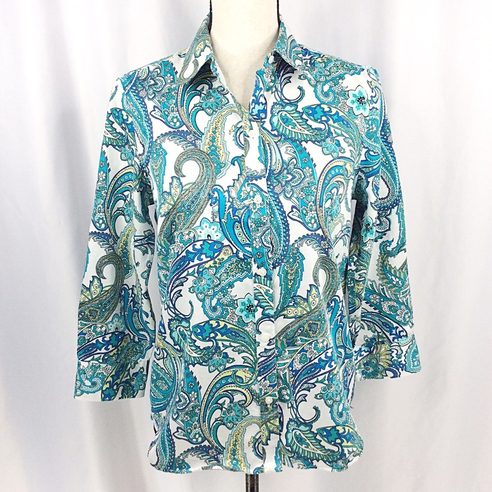 Chaps Ralph Lauren No Iron Paisley Button Down Top Women's Size Medium Blue Teal